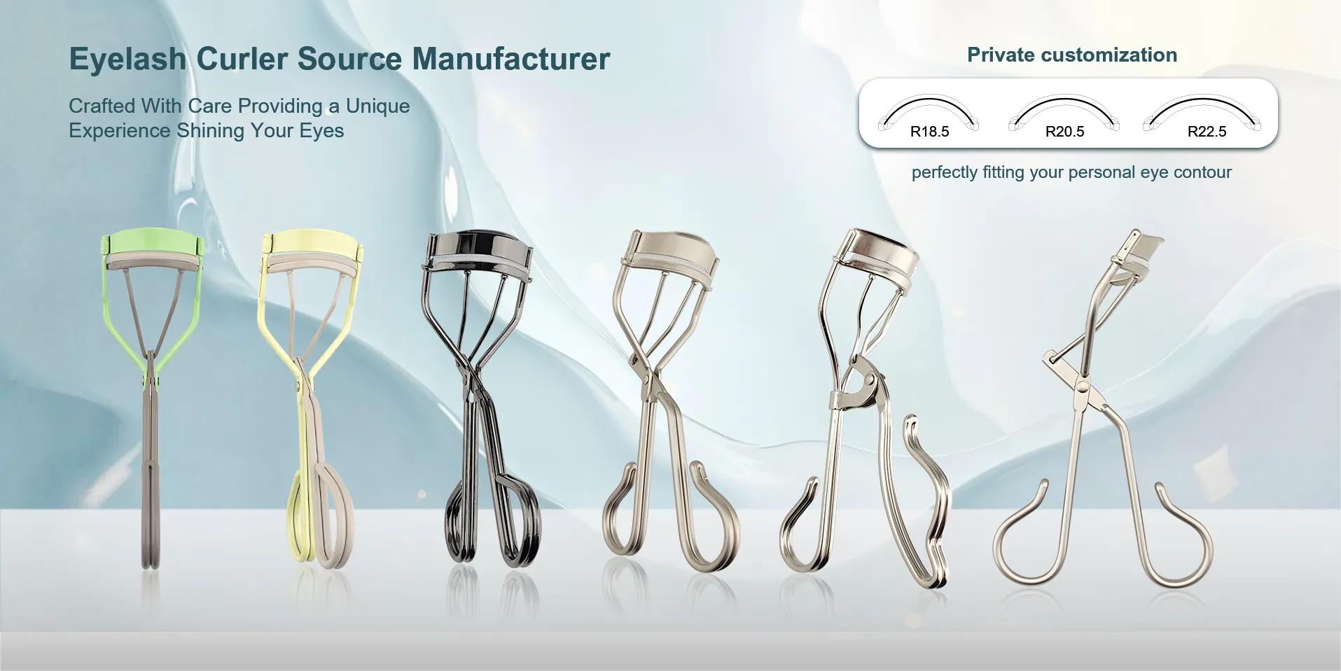 OLIMOR eyelash curlers shown in multiple finishes with fit references