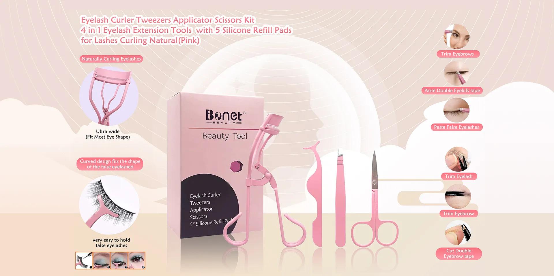 OLIMOR lash curler, tweezers, applicator and scissors kit displayed with lash-care details