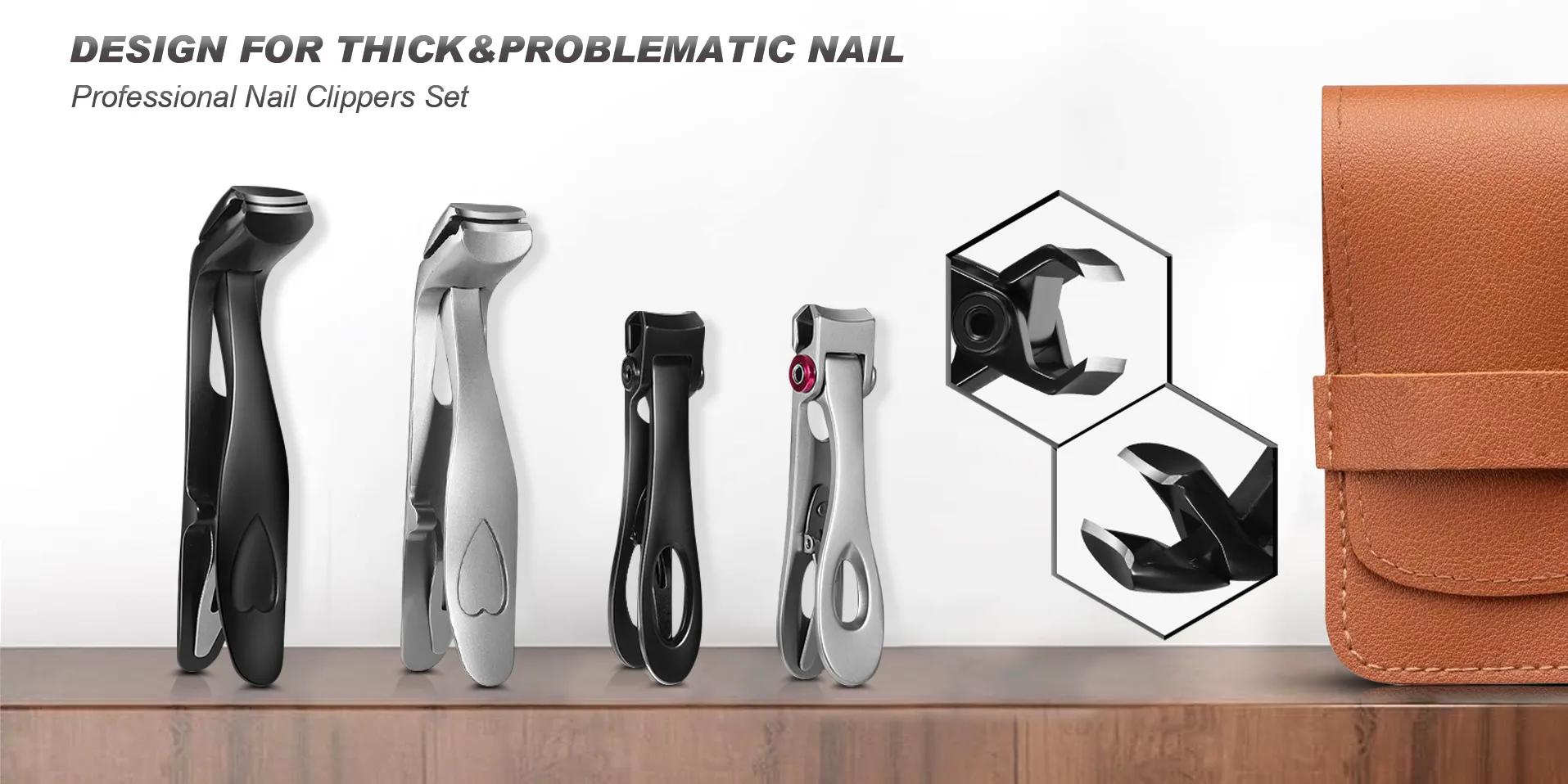 OLIMOR nail clippers and nippers arranged beside a leather storage case
