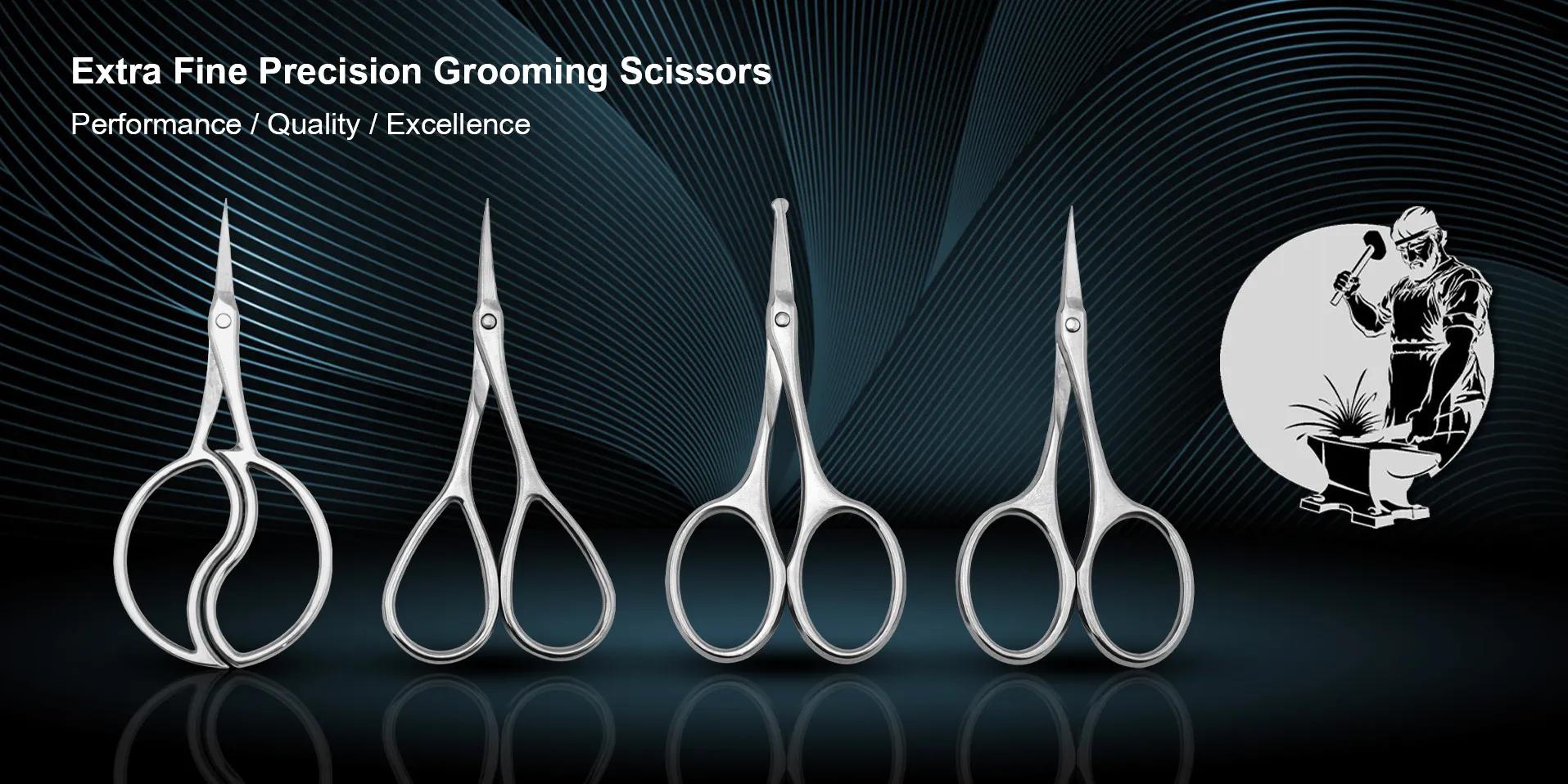 OLIMOR precision grooming scissors arranged on a dark reflective background