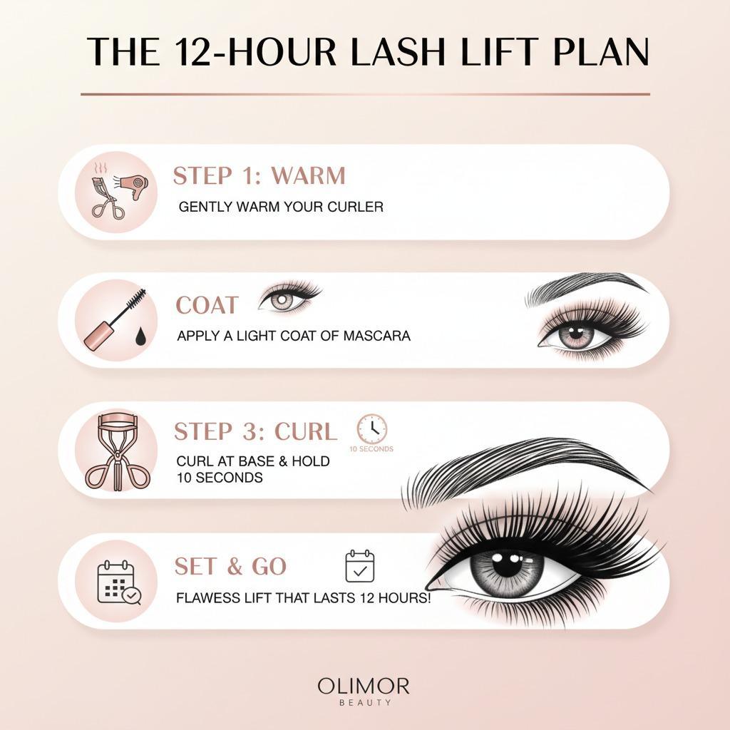Routine de recourbe-cils pour cils fins : Guide pour une courbure douce pendant 12 heures